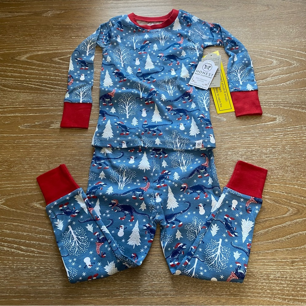 *NWT* Honest Baby Clothing 100% Organic Cotton Christmas Dinosaur Pajama Set 3T - Picture 3 of 14